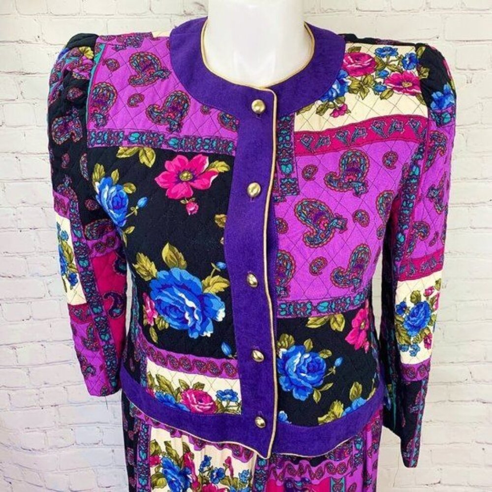 VINTAGE ACT I SKIRT & QUILTED JACKET FLOWER PAISLEY PRINT SET-SZ 13-14 USA MADE! - Picture 3 of 5